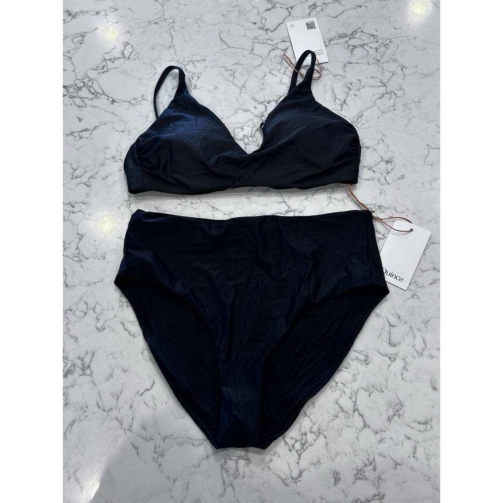 NWT Quince Black Italian V Neck Bikini Top & High Rise Bottom Size Medium